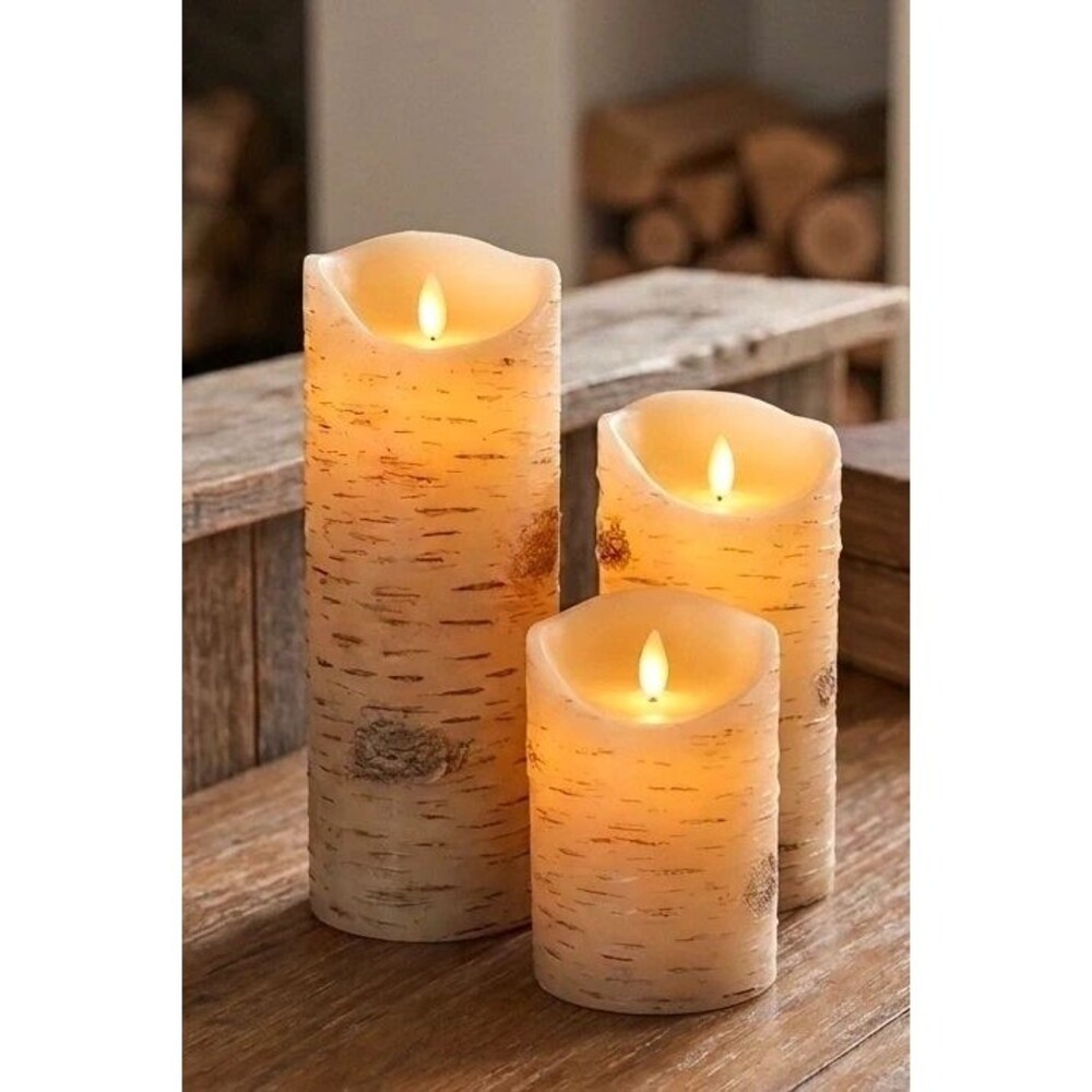 Set of 3 Rustic Birch Bark LED Flameless Candle Trio Battery Operated